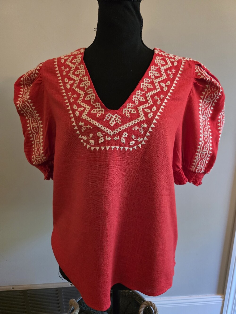 THML Embroidered Red Women's Peasant Top